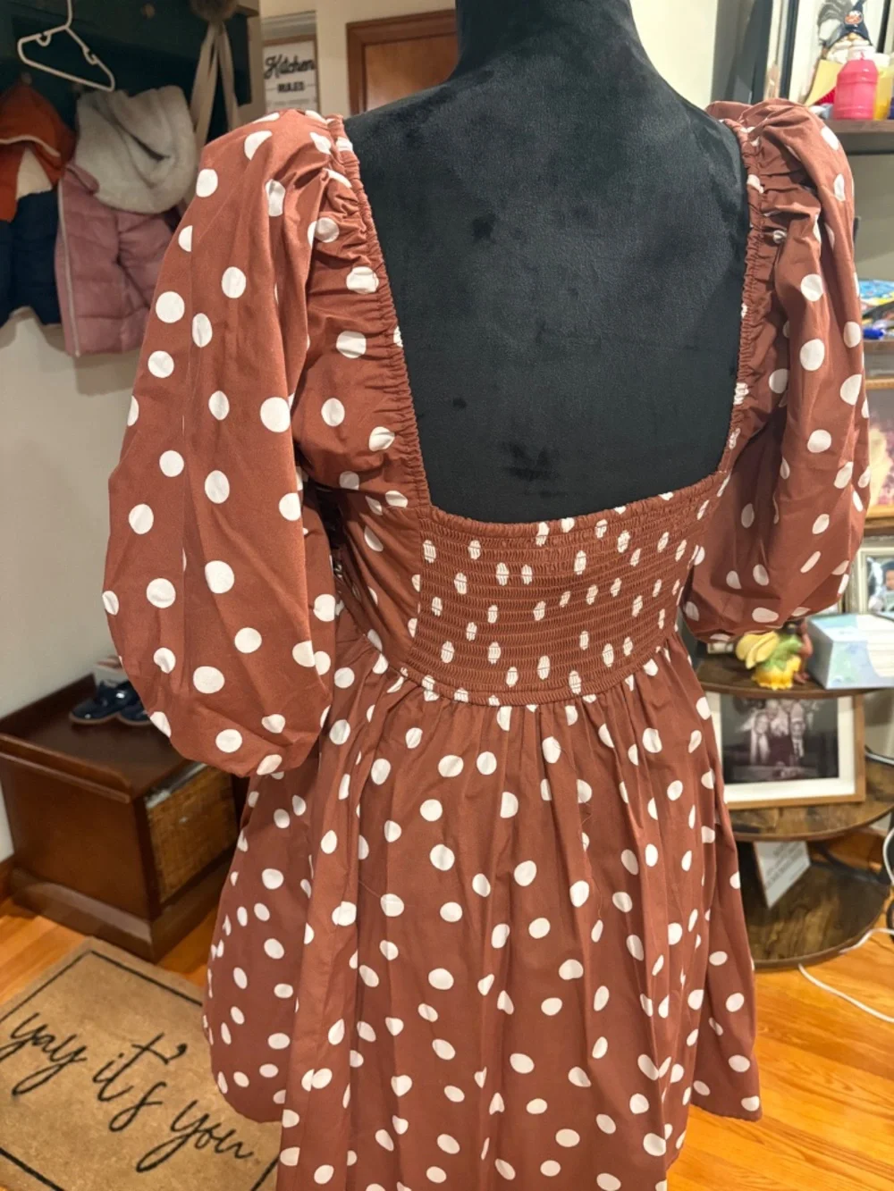 Abercrombie and Fitch Emerson Brown Polka Dot Poplin Puff Sleeve Dress Size Med - Picture 2 of 6